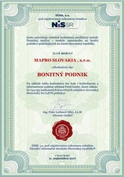 Certyfikat »Bonitný podnik« wydany przez słowacką agencję NISSR dla firmy MAPRO SLOVAKIA, s.r.o., z ozdobną ramką i pieczęcią.