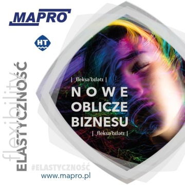 Grafika „Nowe oblicze biznesu” z kolorową, dynamiczną kompozycją wokół twarzy kobiety promująca elastyczność.