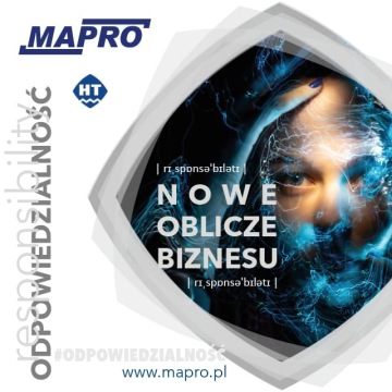 Grafika „Nowe oblicze biznesu”, przedstawiająca twarz kobiety w chłodnej, niebieskiej kompozycji promująca odpowiedzialność.