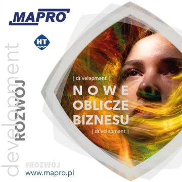 Grafika „Nowe oblicze biznesu” z motywem twarzy kobiety w ciepłej, energetycznej kompozycji promująca rozwój.