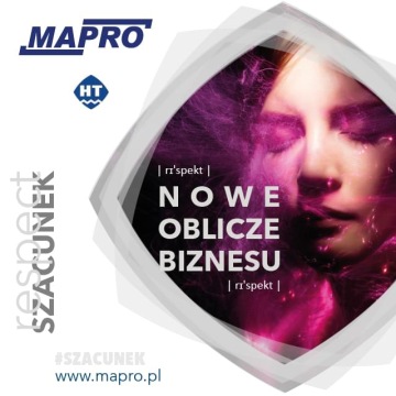 Grafika „Nowe oblicze biznesu”, przedstawiająca twarz kobiety w abstrakcyjnej różowo-fioletowej kompozycji promująca „szacunek”.