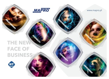 Grafika wizerunkowa firmy MAPRO przedstawiająca osiem stylizowanych portretów ludzi w geometrycznych kształtach.