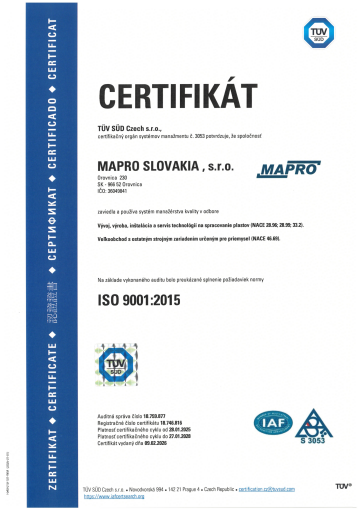 Certyfikat ISO 9001:2015 wydany dla MAPRO SLOVAKIA, s.r.o. potwierdzający wdrożenie i stosowanie systemu zarządzania jakością.