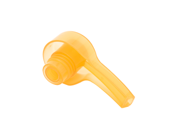 Przezroczysty, żółty plastikowy element z gwintowanym otworem i krótką wylewką, przedstawiony na białym tle.