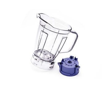 Przezroczysty kielich blendera z uchwytem oraz osobna podstawa z nożami, przedstawione na białym tle.